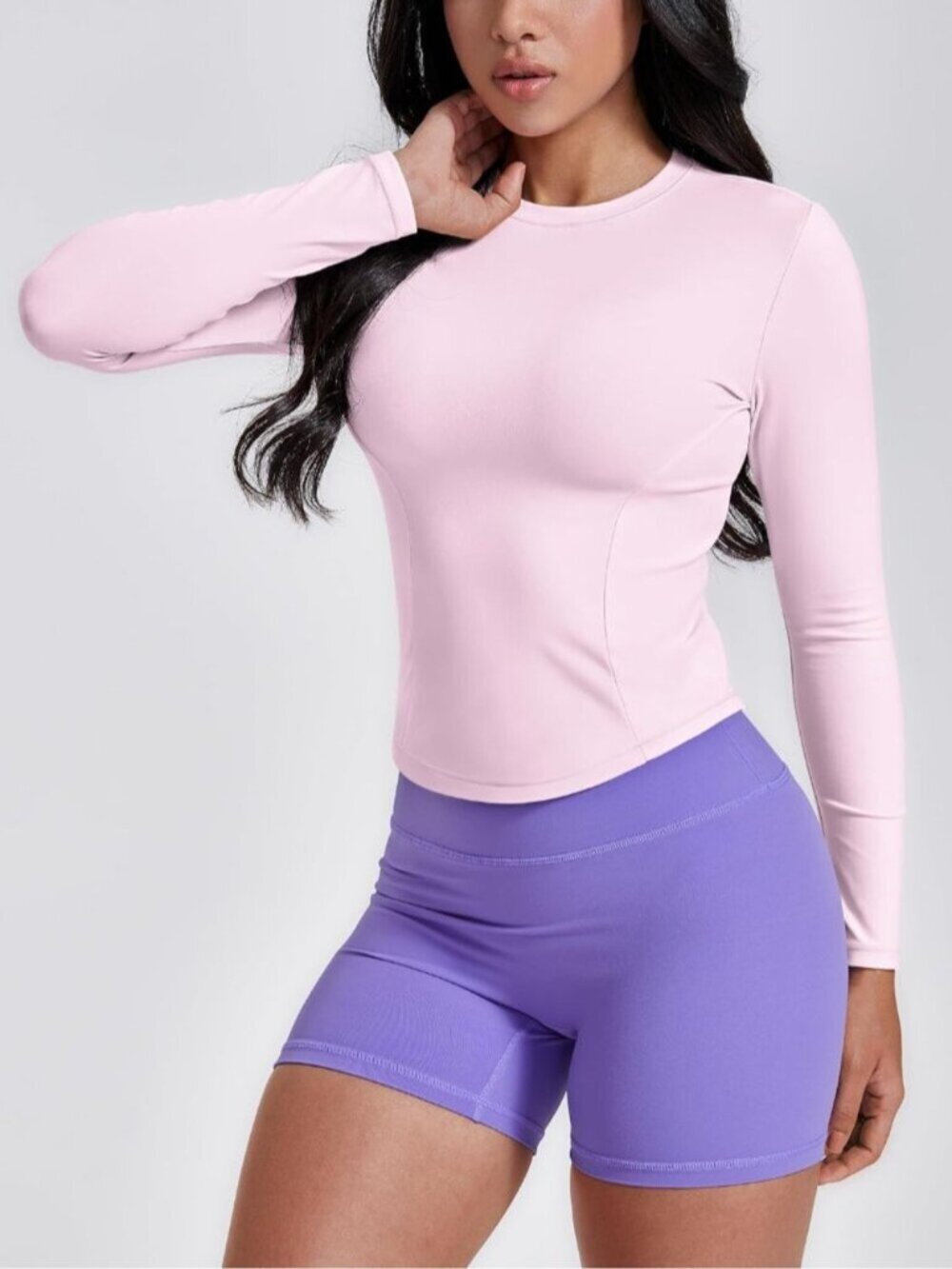 〽️Women Pink Long Sleeve Workout Shirts Cropped Athletic Tops Slim Fit Crew Neck